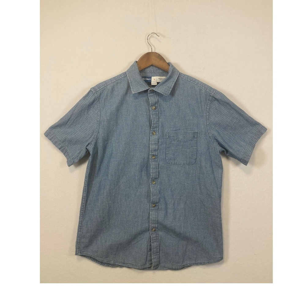 Old Navy Mens Blue Textured Short Sleeve Button Up Shirt Regular Fit Size M